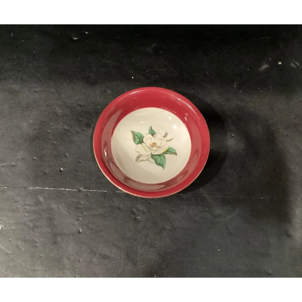 Lifetime China Co Burgundy w White Magnolia Semi-Vitrous 2 Dessert Berry Bowls